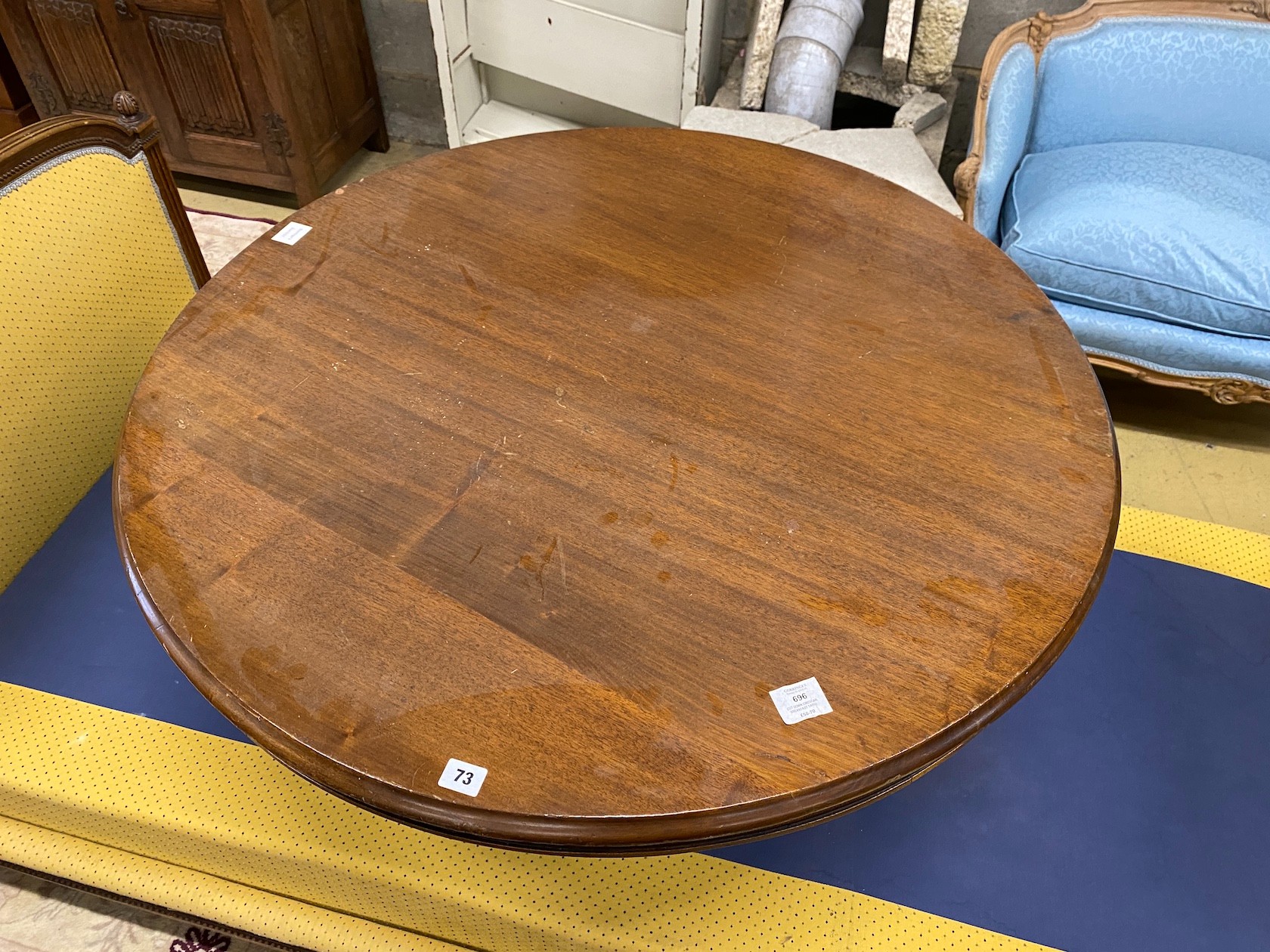 A Victorian circular mahogany table, cut down, diameter 101cm, height 52cm